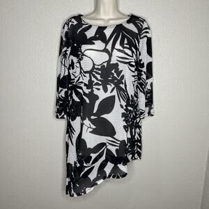 Chico's Travelers Collection Top Size 1 Womens M Blue Ivory Sheer Stretch Career